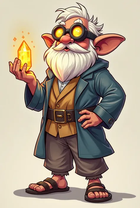 full body picture, head to foot. (Solo Leveling webtoon style) character sheet of a male nerdy gnome in researcher's robes wearing nerdy goggle. he's wearing ancient greek style sandals and holding a magic crystal in his hand. his expression is bubbly and ...