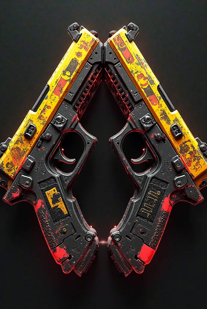 Two very sturdy pistols, which are black, have yellow details and lots of red details, and also have details that remind you of the Sun and Cyberpunk your name is Sun Flame