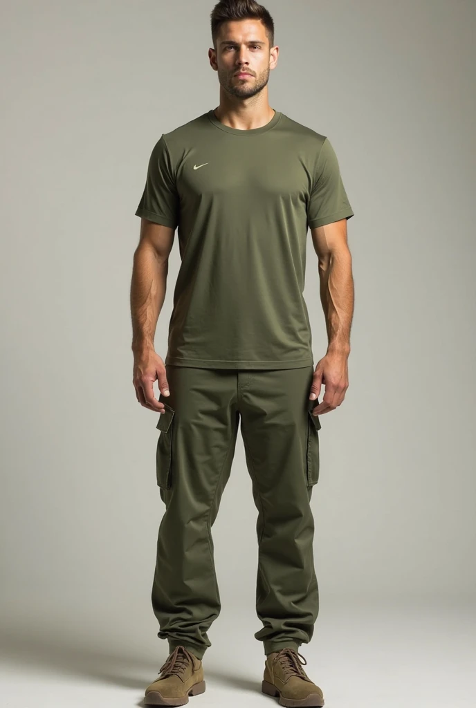 mens wearing army green plain drifit tshirt half sleeves and plain army green trouser without any pocket 