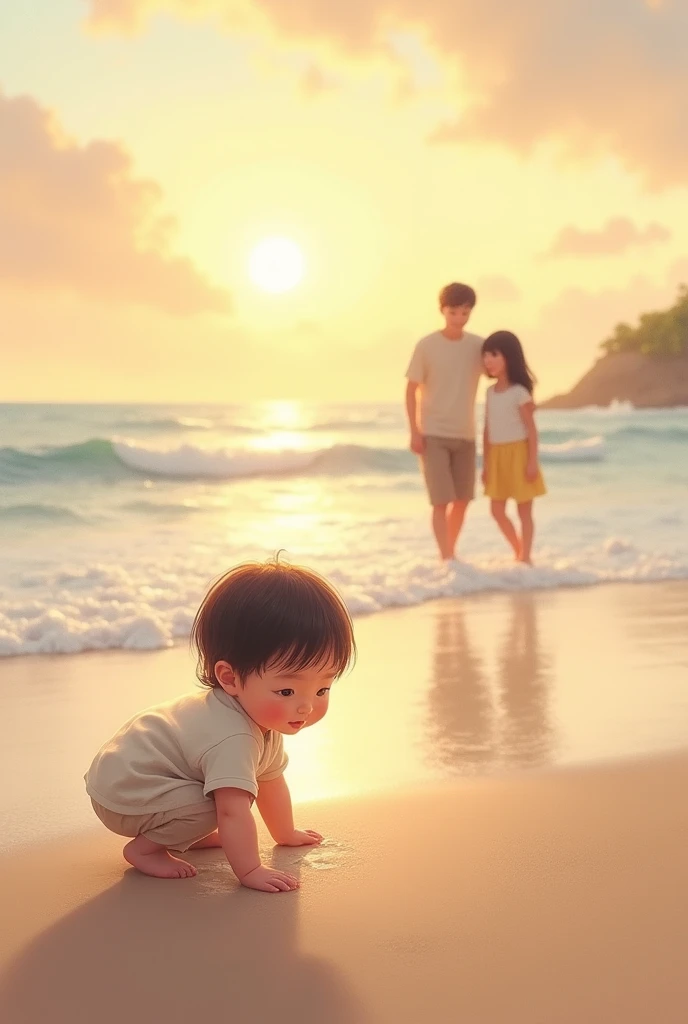 Baby goes to the beach with his parents (Asian), the sun rises (sunrise)