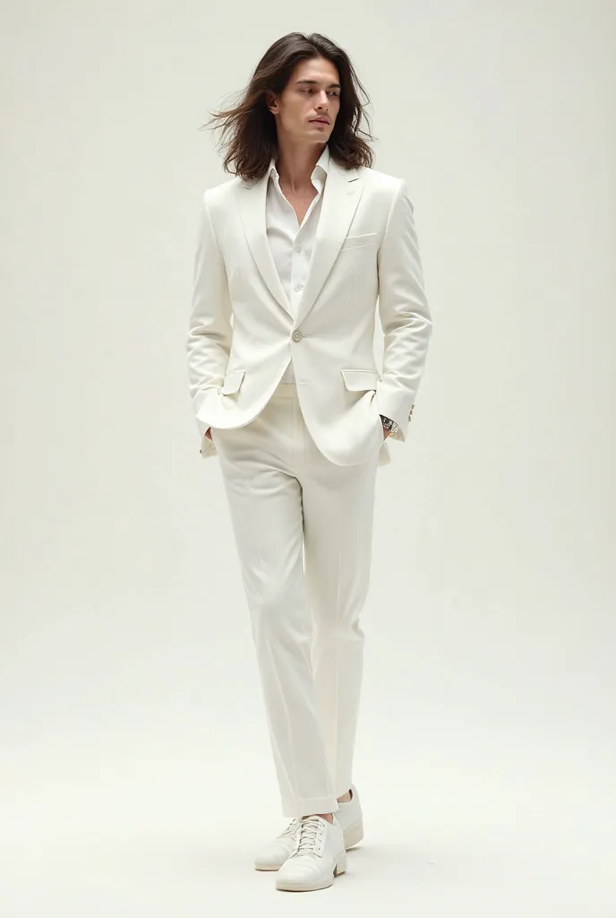 A male in a white wedding suit with white accessories to brunette hair 