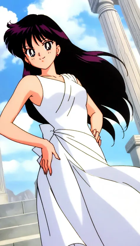 masterpiece,best quality,amazing quality, sailormarshinorei, 1girl, solo, black hair, long hair, bangs, purple eyes,looking at viewer, seductive smile, closed mouth, bare shoulders, sleeveless dress, one shoulder dress, white dress, greek white dress, godd...