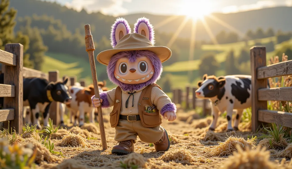 Labubu with soft purple fur walks confidently through the cattle farm, dressed in a charming cowboy-style shepherd outfit. A wide-brimmed hat sits atop its head, shading its round eyes from the golden morning sun. Its outfit, a rustic brown vest over a sim...