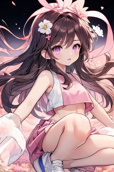  an anime girl,  Pink Eyes, long dark brown hair ,  pink sportswear, good face, pleated pink skirt, pink sports skirt, ((fitted pink crop top)), pink sleeveless fitted square compression top, ((small white sneakers)), white casual sneakers, White sports te...