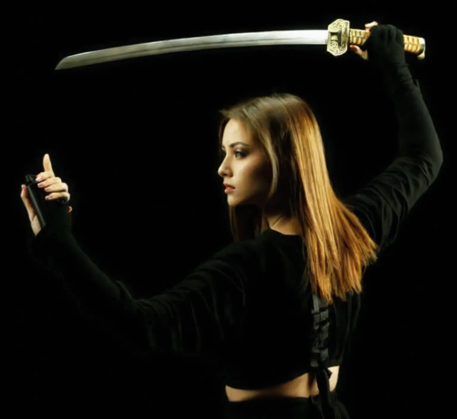 woman in black outfit wielding a katana, dramatic wielding katana, dramatic