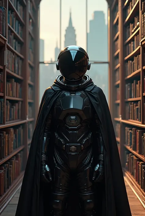 The sharp image of a real astronaut wearing a black cape in a room full of books. Out the window in the distance you can see planets and a modern city. 