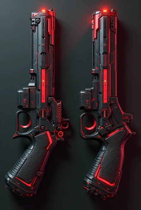 Two very sturdy pistols, which are black and have plenty of red details and also have details that remind you of the Sun and Cyberpunk your name is Sun Flame