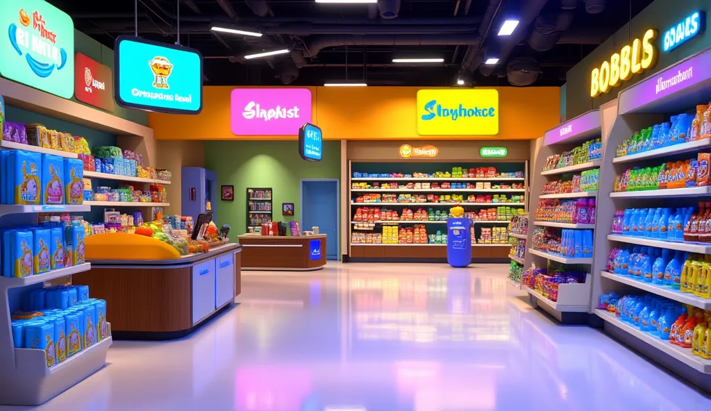 A high-quality CGI render of a **bright, colorful supermarket interior**, designed with a **blue and yellow brand color scheme**. The shelves are neatly stocked with **adorable oversized grocery products** in **matching blue and yellow packaging**, featuri...