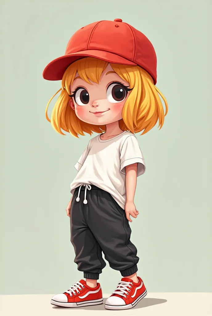 A girl in cartoon with a red circle cap: a blonde hair that is orange: a white t shirt: black sweatpants & red shoes