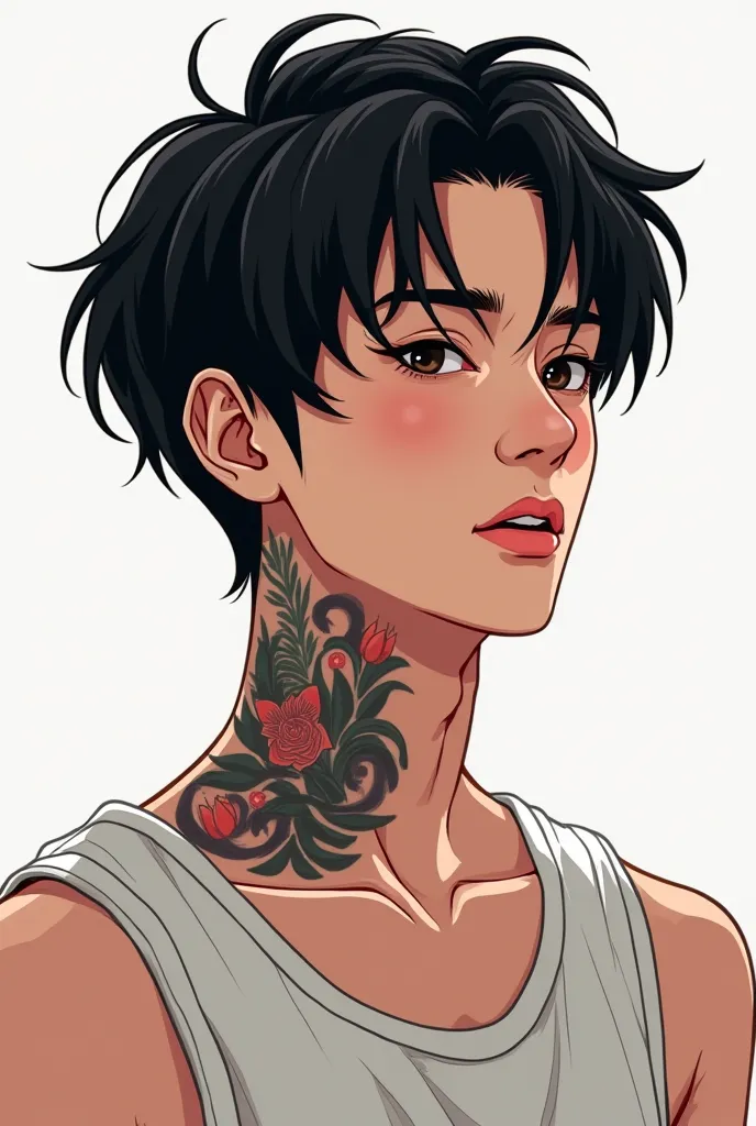 Semirealistic illustration of a young man between 18 years old Korean tattooed neck, Black haired man with a tank top