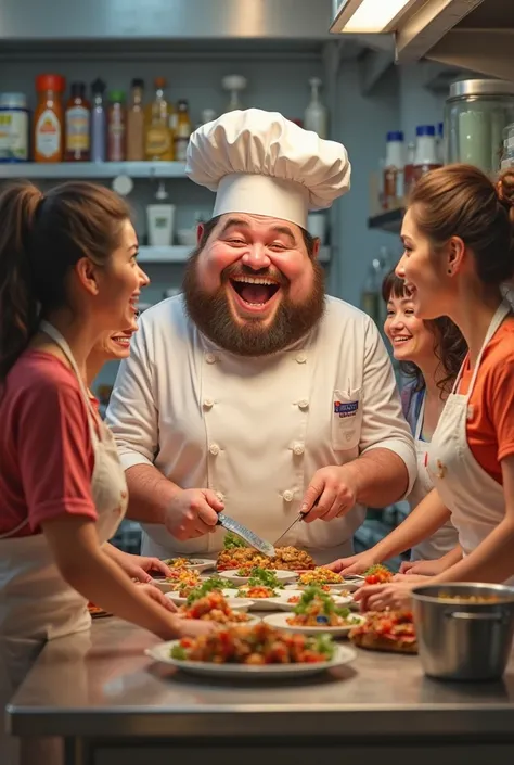 Women working happily in a kitchen learning from a chubby chef.