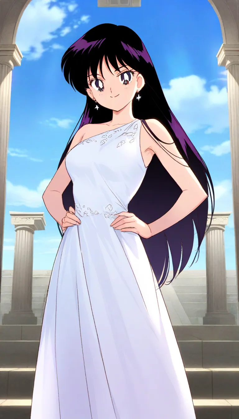 masterpiece,best quality,amazing quality, sailormarshinorei, 1girl, solo, black hair, long hair, bangs, purple eyes,looking at viewer, seductive smile, closed mouth, bare shoulders, sleeveless dress, one shoulder dress, white dress, greek white dress, godd...