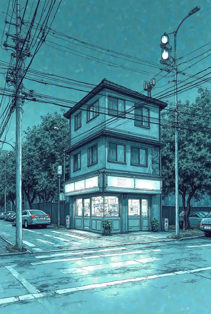 Create a nostalgic Japanese street corner scene in a detailed monochromatic teal-blue illustration with fine line work throughout. Show a two-story corner building with a small convenience store on the ground floor, complete with large windows and a shop s...