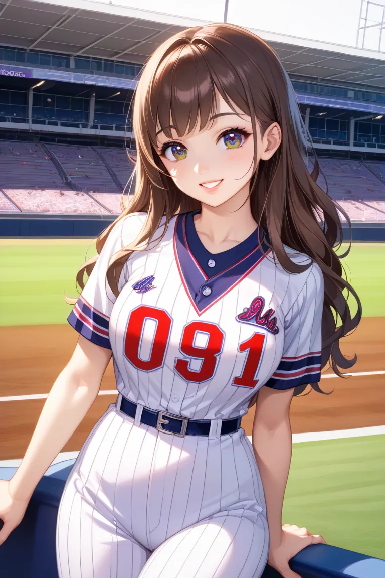 ​masterpiece、1 beautiful anime girl、A detailed eye、Puffy eyes、top-quality, 超A high resolution, (Realisticity: 1.4), cinematlic lighting、japanes、cute girl、 wears baseball varsity and baseball Jersey inside the varsity 、Asian Beauty 、Super beauty、Beautiful s...