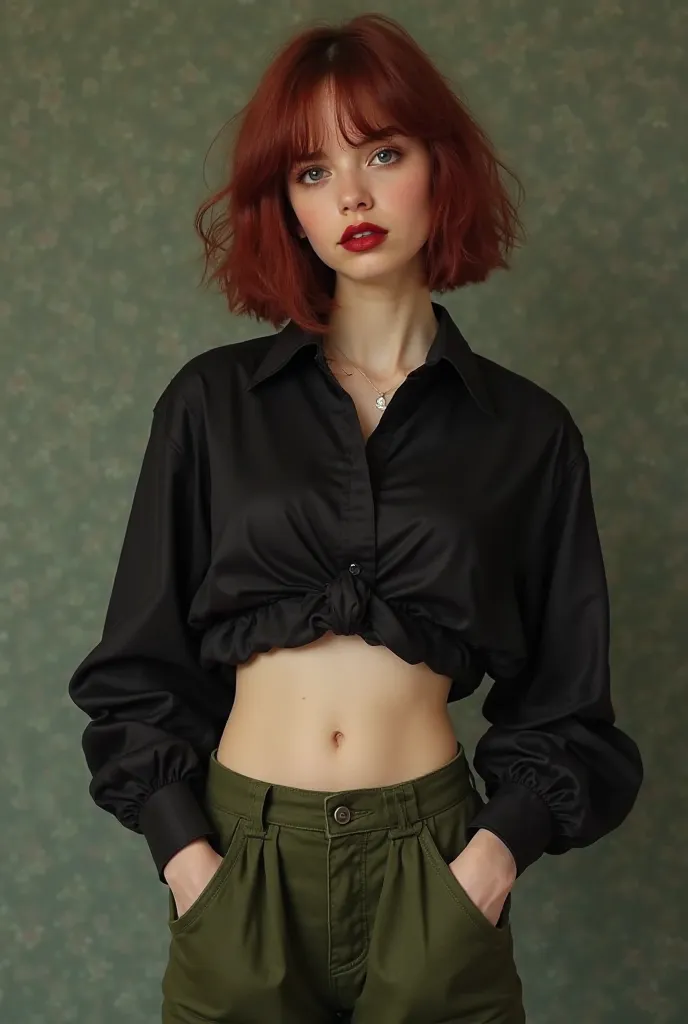 Hyperrealistic image, 17-year-old girl , fair skin, short dark red hair, black eyes, red lipstick, black blouse with long sleeves that show your belly, Moss green pants and big black cuturno, europeia/italiana