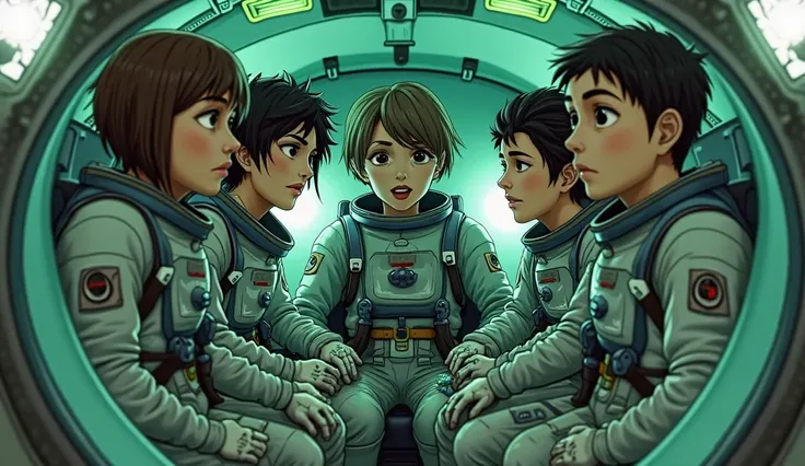 Five astronauts inside a small spaceship cockpit: Elena (5'7", short brown hair, gray suit, stern face), Ryan (5'11", messy black hair, scarred hands), Mira (5'5", tied black hair, goggles), Sam (5'9", short black hair, serious), and Kael (6'1", short silv...