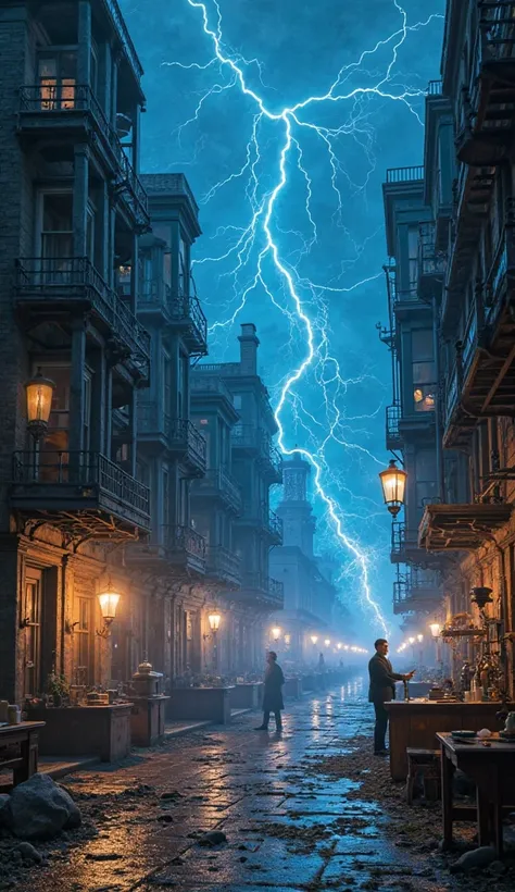 A dramatic scene of an old city being illuminated for the first time with bright electric lights, representing the impact of alternating current. In the corner, Tesla appears in his laboratory surrounded by electrical equipment and blue sparks