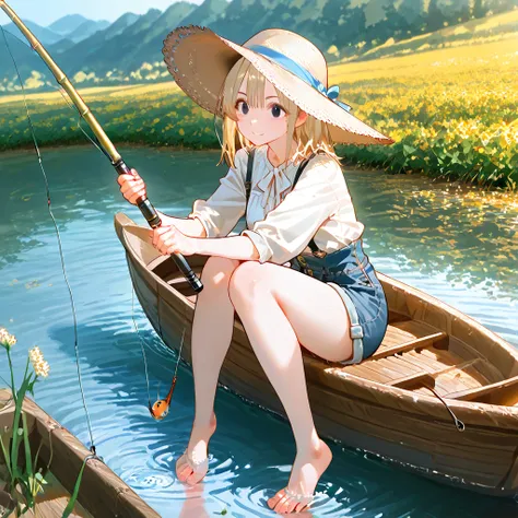 Anime-style. The scene features a 20-year-old country girl, with a rustic, countryside look, fishing while sitting in a simple wooden canoe floating on a calm river. She has long, slightly messy blonde hair, deep black eyes, and wears a worn-out straw hat,...