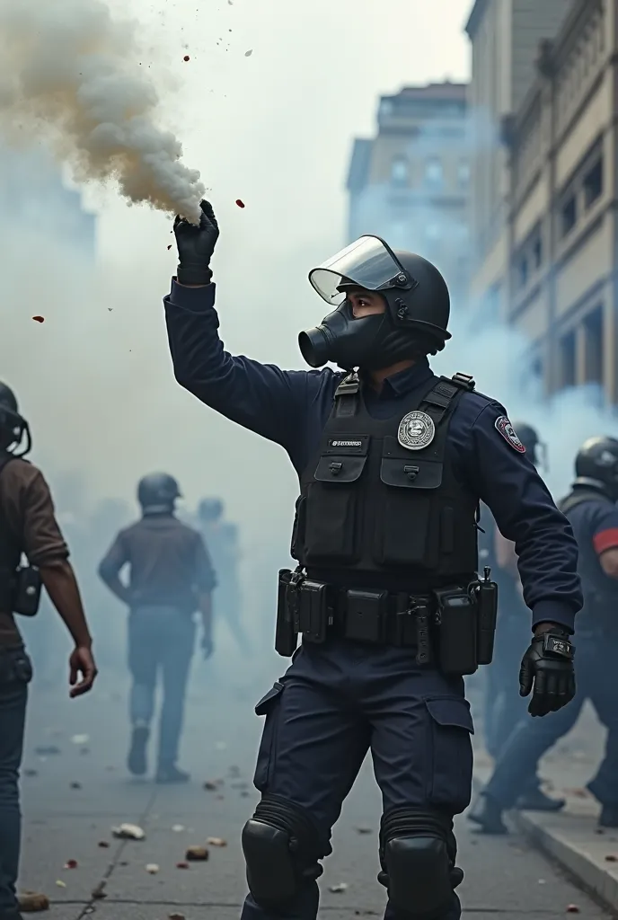 A protesting policeman throwing tear gas 