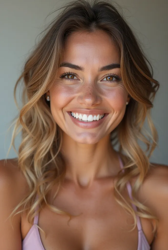 She is an adult woman with fair skin and slightly wavy or lightly curly, light brown hair with some lighter strands, possibly due to the lighting effect or natural hair reflections. She has a wide and genuine smile, showing white and aligned teeth, conveyi...