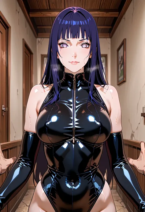 Hinata from the anime Naruto inside a dungeon and wearing a sexy dominatrix outfit made of latex and holding a chichote with her hands and looking like a naughty face and sweating because of the heat and with heavy breathing