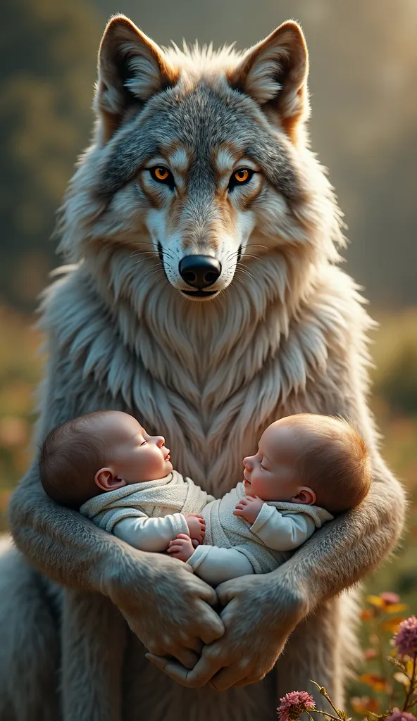 Beautiful anthropomorohe female wolve holding two human babies in his arms, photo-realistic style