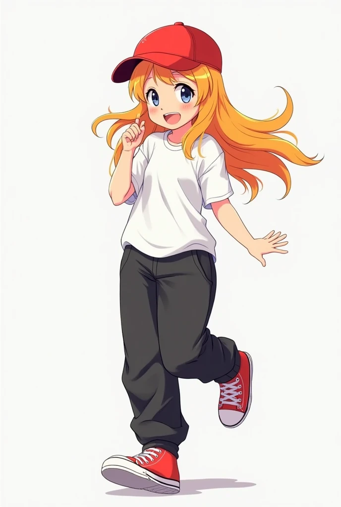 A girl in anime with a red circle cap: a blonde hair that is orange: a white t shirt: black sweatpants & red shoes