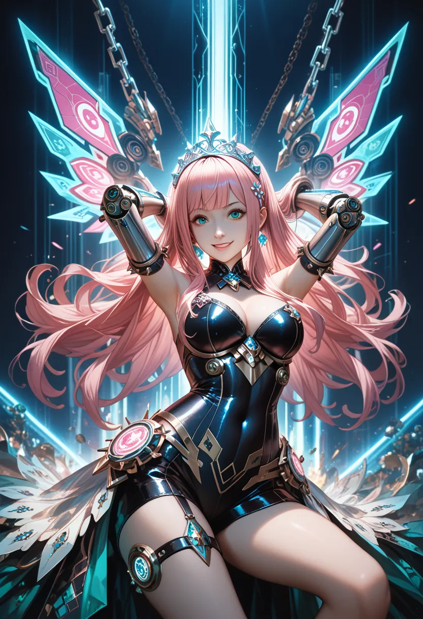 A vibrant cybernetic warrior with flowing neon pink hair and a confident smile sits atop a glowing pixelated throne. Her futuristic dark leather outfit is adorned with luminescent blue and green neon details, enhancing her rebellious and charismatic stance...