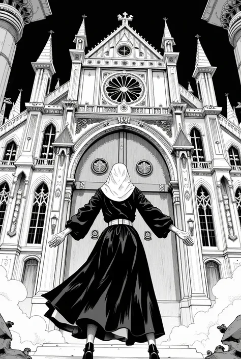 A nun she is pushing a large door of a cathedral, she is on her back,( black and white manga art style)