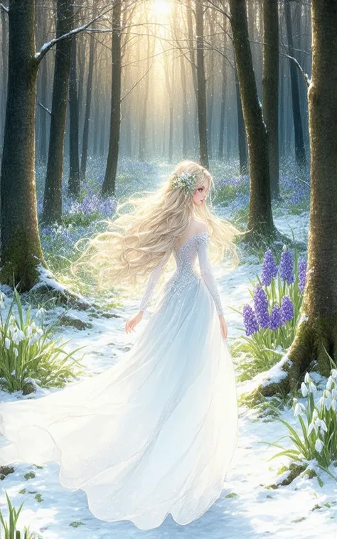 The spring princess, a fairy tale character, with long, wavy, blond hair and a long dress made of flowers, walks gracefully through a forest on sunset. In front of her, the forest is still covered in snow, but behind her the snow has melted, there is very ...