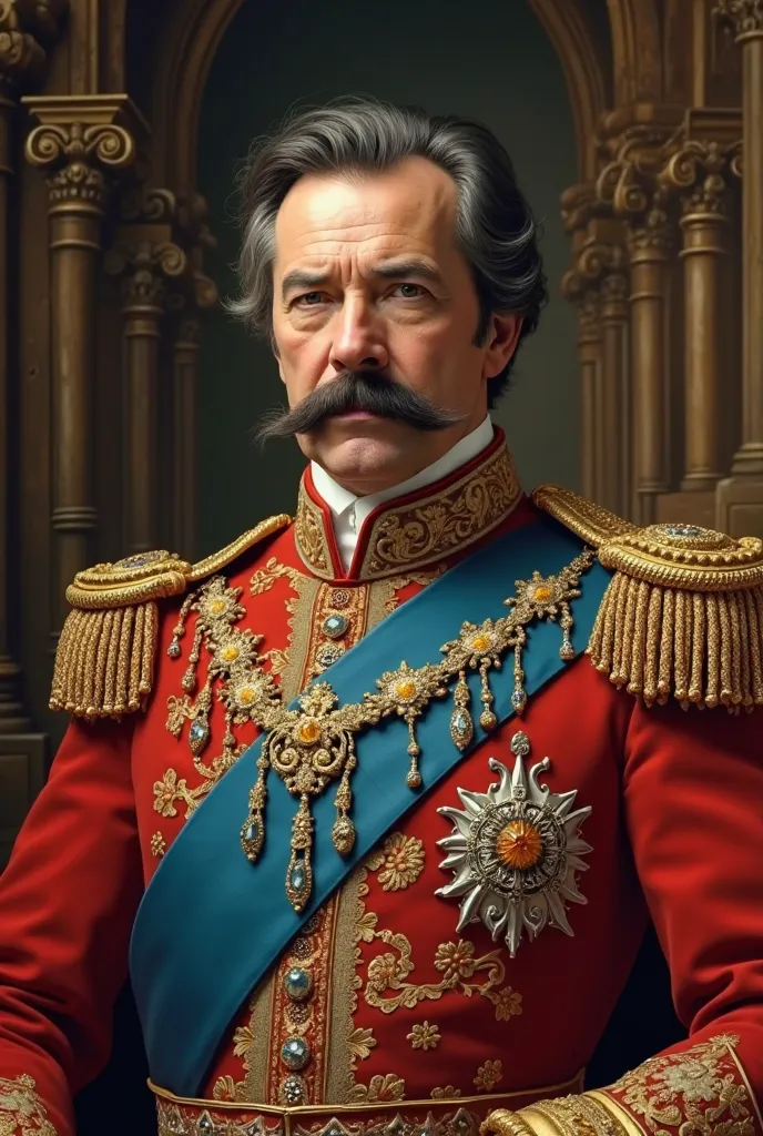 Paint a realistic picture of a king with a mustache in 1861