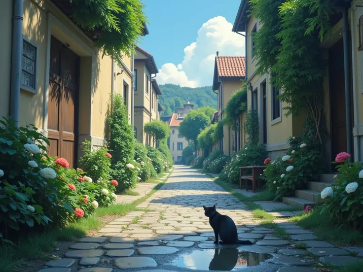 "After the rain, a narrow cobblestone alley in an old European-style town. Puddles reflecting the blue sky, small colorful flowers blooming along the walls. A black cat curiously looking into a puddle, its whiskers twitching. Gentle sunlight breaking throu...