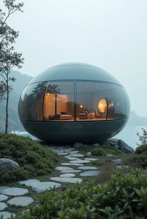 Spherical home with tinted grey glass shell without any visible seams