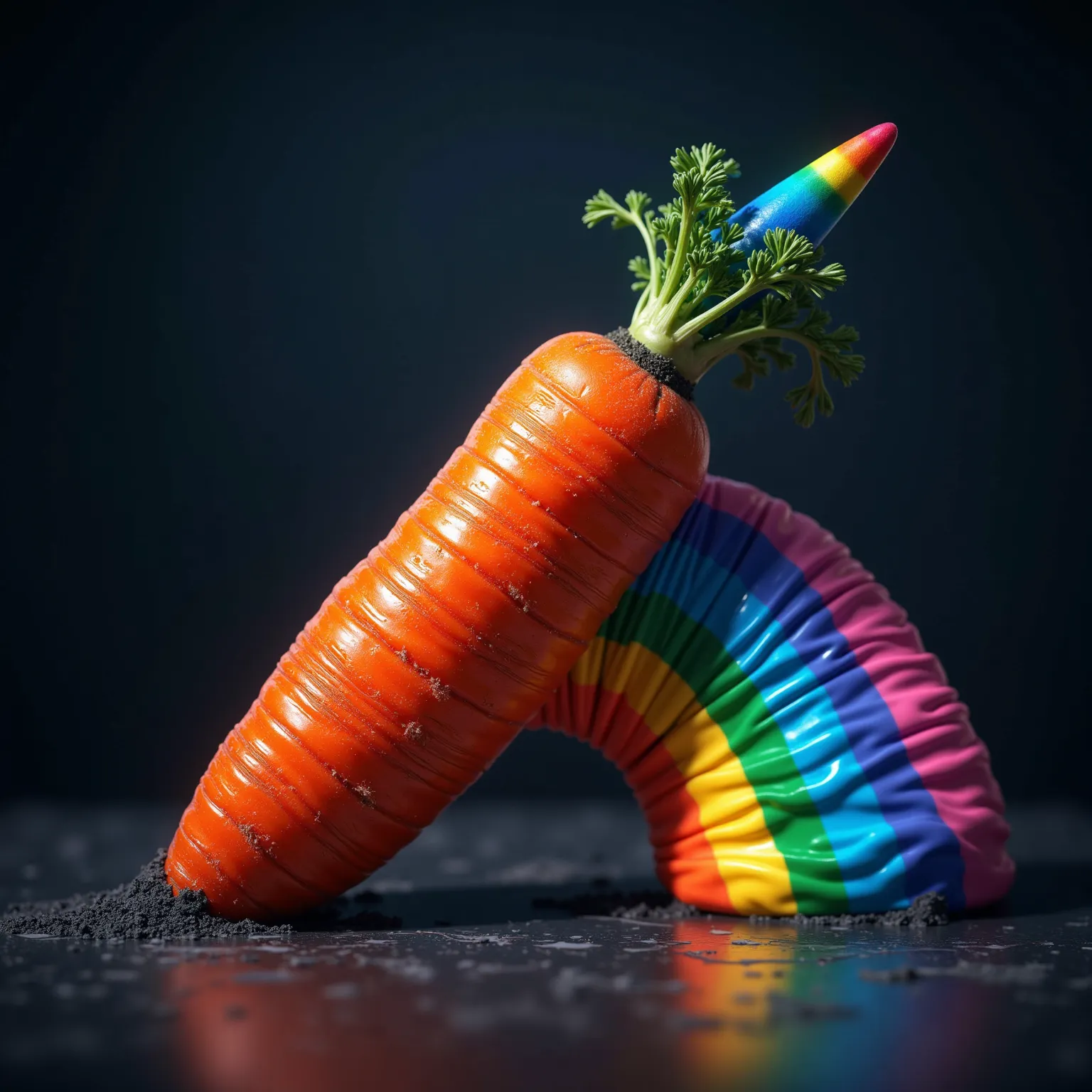 a real carrot in 45° angle, rainbow going out from downside, rainbow horn on top, high resolution, atypical font inscription "FUC"detailed carrot, 45 degree angle, rainbow emanating from bottom, rainbow horn atop, 4k, 8k, ultra-detailed, hyperrealistic, ph...