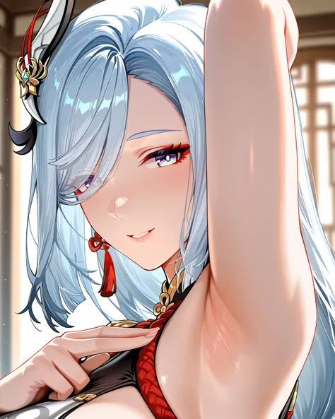 Shenhe (Genshin Impact), naked, armpit, fingers in armpit, happy, excited, foreground.