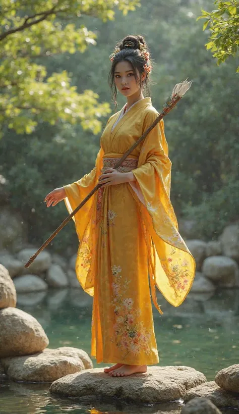  Fantastic　realistic footage　Japanese House　garden　On the stones in the pond　 yellow kimono　cute２０ year-old woman holding an arrow on her left hand 　hair ornaments close to the garden　facing the front