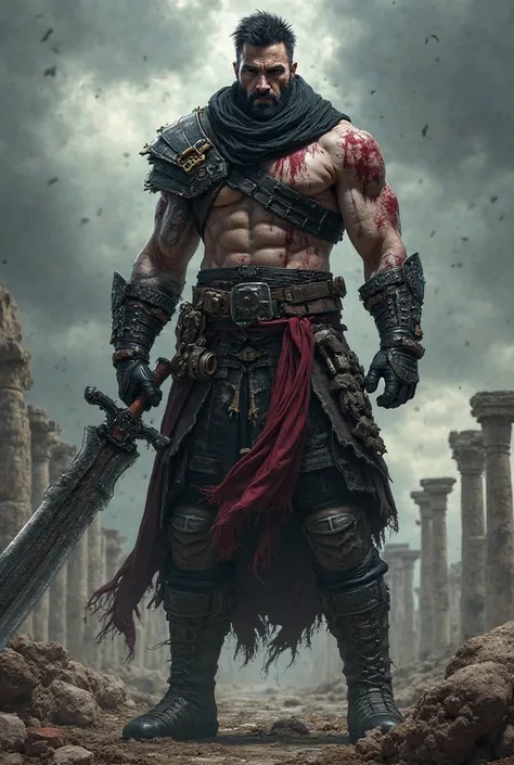 "A towering warrior stands amidst the ruins of an ancient battlefield, his presence exuding an aura of danger and resilience. He is Kratos, known as 'The Black Reaper,' a lone hunter of monsters. He has a heavily muscular build, standing at 198 cm, his bod...