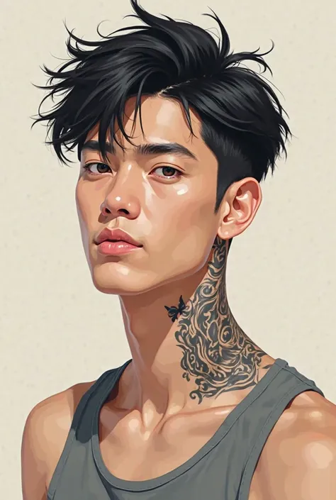 Semirealistic illustration portrait of a young man between 18 years old Korean tattooed neck, Black haired man with a tank top