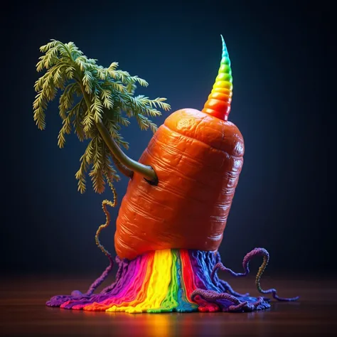 a real carrot in 45° angle, rainbow going out from downside, rainbow horn on top, high resolution, atypical font inscription "FUC"detailed carrot, 45 degree angle, rainbow emanating from bottom, rainbow horn atop, 4k, 8k, ultra-detailed, hyperrealistic, ph...