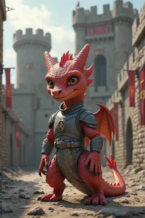 Little Red Dragon in Grey Security Suit Standing in Front of the Fortress 