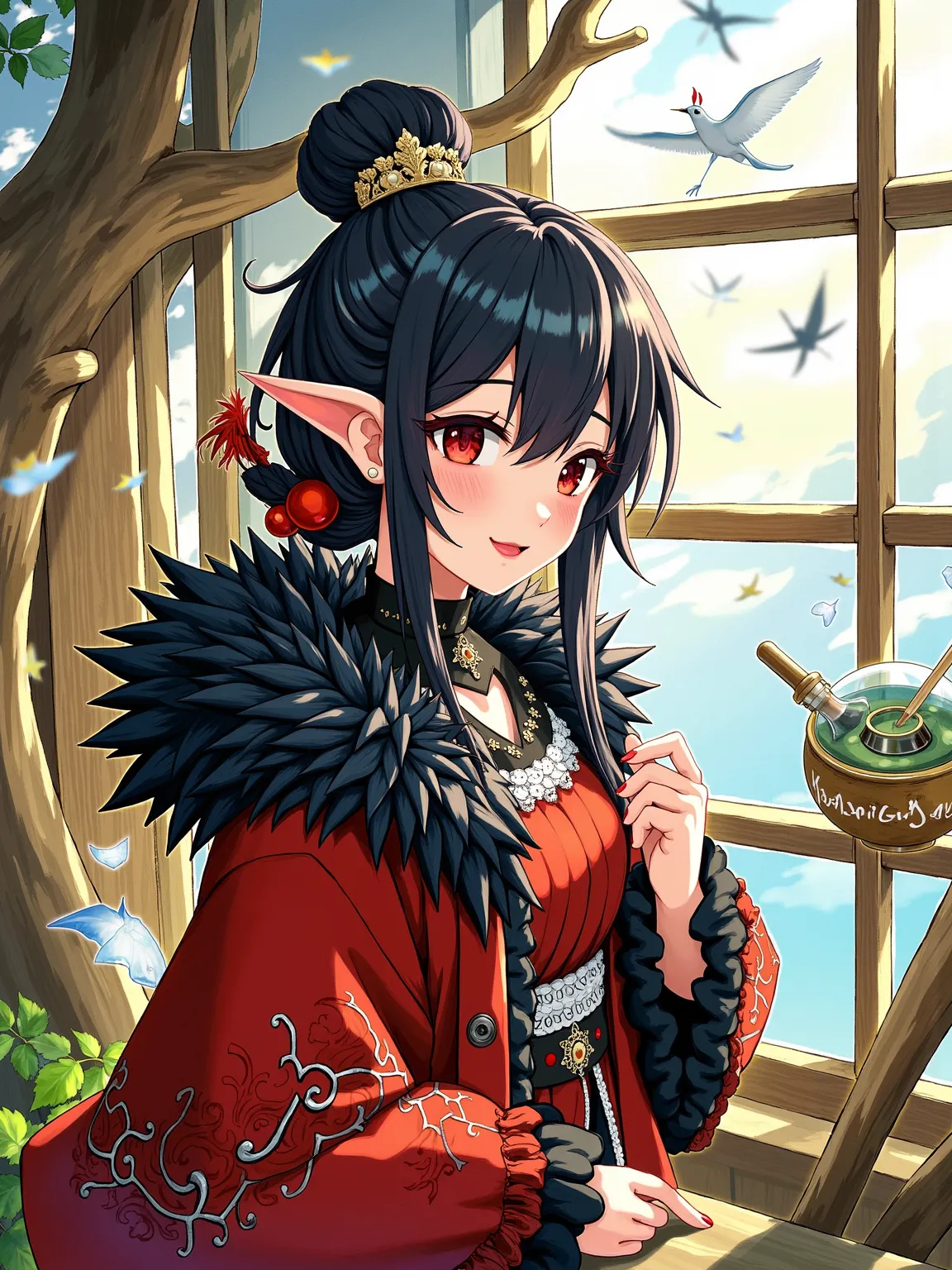 New Gongbi, Cartoon illustration, Picture Books, Hayao Miyazaki, Nostalgia, A surrealistic masterpiece by Sasan, capturing a mystical woman with mesmerizing red eyes. She wears a stunning ornate, patterned fur jacket, accentuating her red and black ensembl...