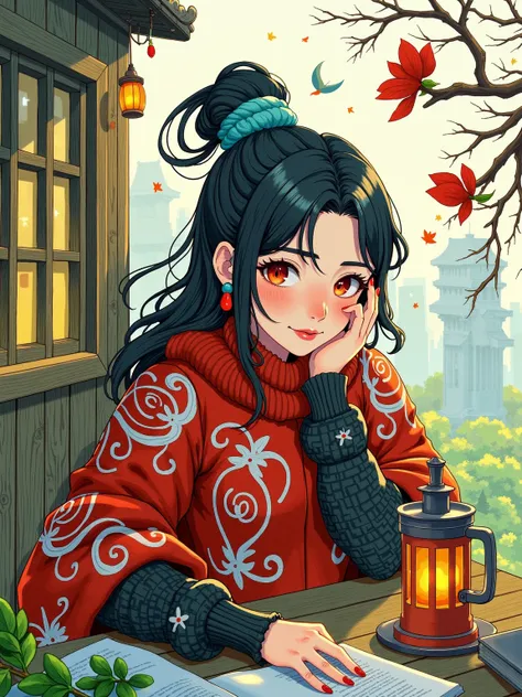 New Gongbi, Cartoon illustration, Picture Books, Hayao Miyazaki, Nostalgia, A surrealistic masterpiece by Sasan, capturing a mystical woman with mesmerizing red eyes. She wears a stunning ornate, patterned fur jacket, accentuating her red and black ensembl...