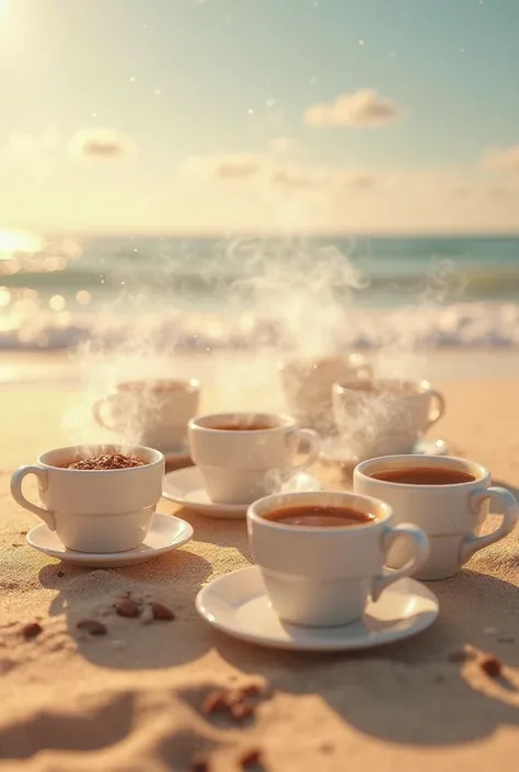 12 cups of coffee on the beach