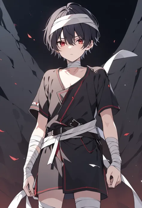 boy, dark red black hair, red eyes , short hair, cowboy shot, wrapped bandage