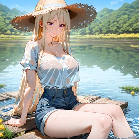 Anime style. Now the 20-year-old country fisherwoman is taking a refreshing dip in the river, enjoying the warm weather in the countryside. Her straw hat has been left on the bank, and her long blond hair is wet, sticking slightly to her skin. Her dark eye...