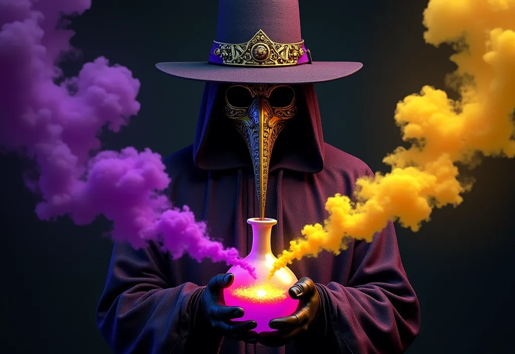 Create a digital arts-style illustration of a plague doctor in a stunning head-on pose, portrayed from the waist up against a deep black background. The doctor must wear an ornate plague mask, with intricate details mainly in gold, but also with purple det...