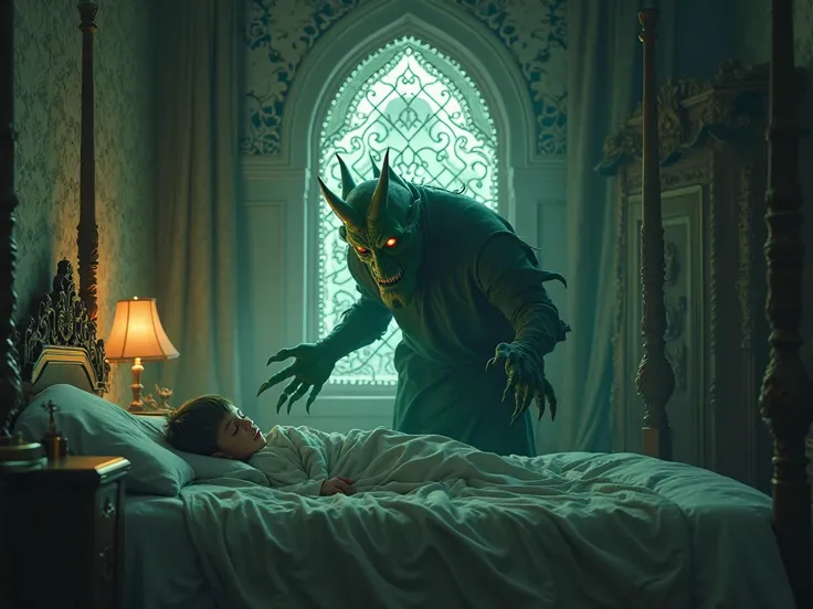 A tranquil ren's bedroom at night, illuminated by the bright full moon shining through an arabian style window. A sinister green jinn, clawed, prepares to pounce on the unsuspecting sleeping boy.