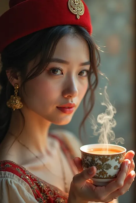 Create a realistic image of a beautiful Asian woman wearing a Turkish fez on her head and tea in her right hand.
