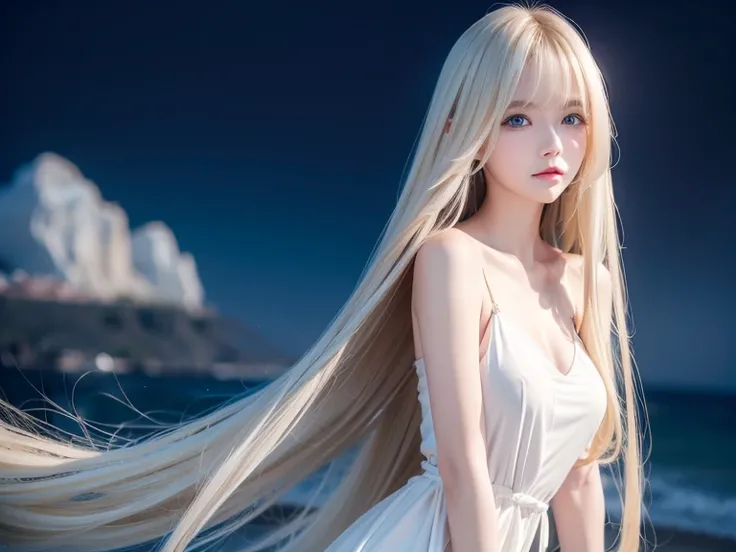 Strong wind blonde 、 Very long and beautiful straight hair 、 Extremely beautiful and cute girl 、 Very cute beautiful skin 、 Clear and beautiful skin 、 Long bangs cover a beautiful woman's cute face 、 beautiful cute girl with transparent dark, beautiful nat...