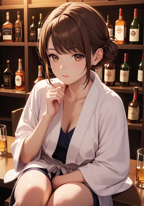 bar counter,1 girl,low bun,brown hair,brown eye,short hair,swept bangs, expressionless, her eyelids heavy,sit,Alcohol,white bathrobe,night,, black underwear,looking away